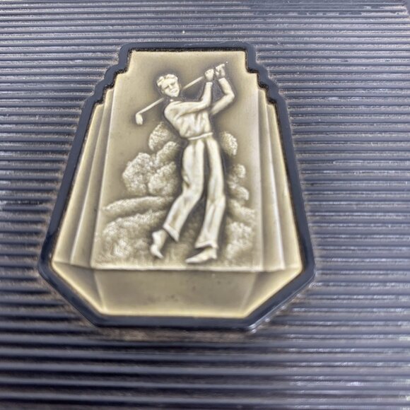 Golf Themed Hinged Box Men's Jewelry Trinket Box Brown Plastic 7.5" Vtg - Picture 3 of 9